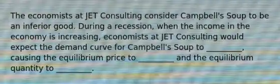 The economists at JET Consulting consider Campbell's Soup to be an inferior good. During a recession, when the income in the economy is increasing, economists at JET Consulting would expect the demand curve for Campbell's Soup to _________, causing the equilibrium price to _________ and the equilibrium quantity to _________.