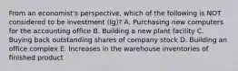 From an economist's perspective, which of the following is NOT considered to be investment (Ig)? A. Purchasing new computers for the accounting office B. Building a new plant facility C. Buying back outstanding shares of company stock D. Building an office complex E. Increases in the warehouse inventories of finished product