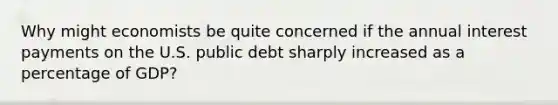 Why might economists be quite concerned if the annual interest payments on the U.S. public debt sharply increased as a percentage of GDP?