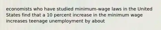 economists who have studied minimum-wage laws in the United States find that a 10 percent increase in the minimum wage increases teenage unemployment by about