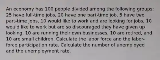 An economy has 100 people divided among the following groups: 25 have full-time jobs, 20 have one part-time job, 5 have two part-time jobs, 10 would like to work and are looking for jobs, 10 would like to work but are so discouraged they have given up looking, 10 are running their own businesses, 10 are retired, and 10 are small children. Calculate the labor force and the labor-force participation rate. Calculate the number of unemployed and the unemployment rate.