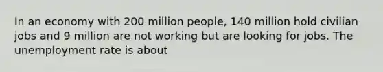 In an economy with 200 million people, 140 million hold civilian jobs and 9 million are not working but are looking for jobs. The unemployment rate is about