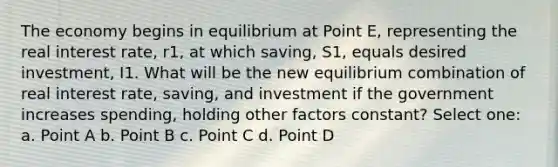 The economy begins in equilibrium at Point E, representing the real interest rate, r1, at which saving, S1, equals desired investment, I1. What will be the new equilibrium combination of real interest rate, saving, and investment if the government increases spending, holding other factors constant? Select one: a. Point A b. Point B c. Point C d. Point D