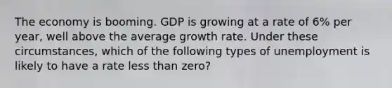 The economy is booming. GDP is growing at a rate of 6% per year, well above the average growth rate. Under these circumstances, which of the following types of unemployment is likely to have a rate less than zero?