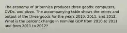 The economy of Britannica produces three goods: computers, DVDs, and pizza. The accompanying table shows the prices and output of the three goods for the years 2010, 2011, and 2012. What is the percent change in nominal GDP from 2010 to 2011 and from 2011 to 2012?