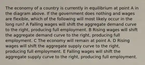 The economy of a country is currently in equilibrium at point A in the diagram above. If the government does nothing and wages are flexible, which of the following will most likely occur in the long run? A Falling wages will shift the aggregate demand curve to the right, producing full employment. B Rising wages will shift the aggregate demand curve to the right, producing full employment. C The economy will remain at point A. D Rising wages will shift the aggregate supply curve to the right, producing full employment. E Falling wages will shift the aggregate supply curve to the right, producing full employment.