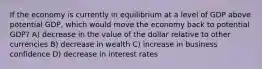 If the economy is currently in equilibrium at a level of GDP above potential GDP, which would move the economy back to potential GDP? A) decrease in the value of the dollar relative to other currencies B) decrease in wealth C) increase in business confidence D) decrease in interest rates