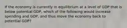 If the economy is currently in equilibrium at a level of GDP that is below potential GDP, which of the following would increase spending and GDP, and thus move the economy back to potential GDP?