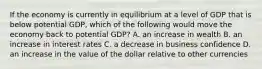 If the economy is currently in equilibrium at a level of GDP that is below potential GDP, which of the following would move the economy back to potential GDP? A. an increase in wealth B. an increase in interest rates C. a decrease in business confidence D. an increase in the value of the dollar relative to other currencies