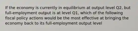 If the economy is currently in equilibrium at output level Q2, but full-employment output is at level Q1, which of the following fiscal policy actions would be the most effective at bringing the economy back to its full-employment output level