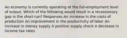 An economy is currently operating at the full-employment level of output. Which of the following would result in a recessionary gap in the short run? Responses An increase in the costs of production An improvement in the productivity of labor An increase in money supply A positive supply shock A decrease in income tax rates