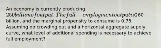 An economy is currently producing 250 billion of output. The full-employment output is260 billion, and the marginal propensity to consume is 0.75. Assuming no crowding out and a horizontal aggregate supply curve, what level of additional spending is necessary to achieve full employment?