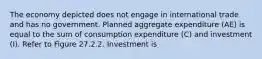 The economy depicted does not engage in international trade and has no government. Planned aggregate expenditure (AE) is equal to the sum of consumption expenditure (C) and investment (I). Refer to Figure 27.2.2. Investment is