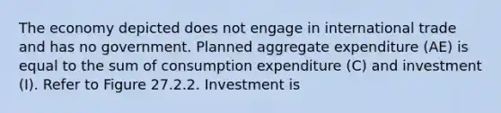 The economy depicted does not engage in international trade and has no government. Planned aggregate expenditure (AE) is equal to the sum of consumption expenditure (C) and investment (I). Refer to Figure 27.2.2. Investment is