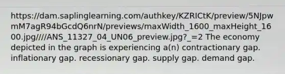 https://dam.saplinglearning.com/authkey/KZRICtK/preview/5NJpwmM7agR94bGcdQ6nrN/previews/maxWidth_1600_maxHeight_1600.jpg////ANS_11327_04_UN06_preview.jpg?_=2 The economy depicted in the graph is experiencing a(n) contractionary gap. inflationary gap. recessionary gap. supply gap. demand gap.