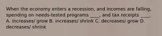 When the economy enters a recession, and incomes are falling, spending on needs-tested programs ____, and tax receipts ____. A. increases/ grow B. increases/ shrink C. decreases/ grow D. decreases/ shrink