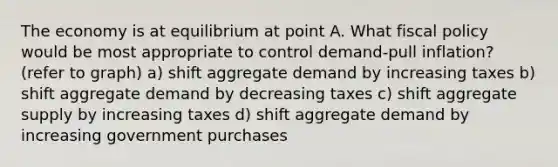 The economy is at equilibrium at point A. What fiscal policy would be most appropriate to control demand-pull inflation? (refer to graph) a) shift aggregate demand by increasing taxes b) shift aggregate demand by decreasing taxes c) shift aggregate supply by increasing taxes d) shift aggregate demand by increasing government purchases