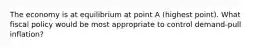 The economy is at equilibrium at point A (highest point). What fiscal policy would be most appropriate to control demand-pull inflation?