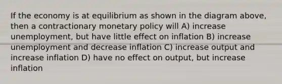 If the economy is at equilibrium as shown in the diagram above, then a contractionary monetary policy will A) increase unemployment, but have little effect on inflation B) increase unemployment and decrease inflation C) increase output and increase inflation D) have no effect on output, but increase inflation