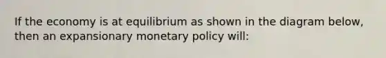 If the economy is at equilibrium as shown in the diagram below, then an expansionary <a href='https://www.questionai.com/knowledge/kEE0G7Llsx-monetary-policy' class='anchor-knowledge'>monetary policy</a> will: