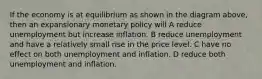 If the economy is at equilibrium as shown in the diagram above, then an expansionary monetary policy will A reduce unemployment but increase inflation. B reduce unemployment and have a relatively small rise in the price level. C have no effect on both unemployment and inflation. D reduce both unemployment and inflation.