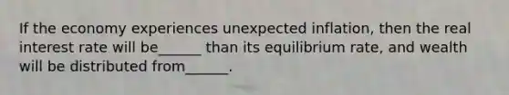 If the economy experiences unexpected inflation, then the real interest rate will be______ than its equilibrium rate, and wealth will be distributed from______.