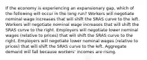 If the economy is experiencing an expansionary gap, which of the following will occur in the long run? Workers will negotiate nominal wage increases that will shift the SRAS curve to the left. Workers will negotiate nominal wage increases that will shift the SRAS curve to the right. Employers will negotiate lower nominal wages (relative to prices) that will shift the SRAS curve to the right. Employers will negotiate lower nominal wages (relative to prices) that will shift the SRAS curve to the left. Aggregate demand will fall because workers' incomes are rising.