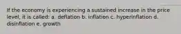 If the economy is experiencing a sustained increase in the price level, it is called: a. deflation b. inflation c. hyperinflation d. disinflation e. growth