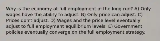 Why is the economy at full employment in the long run? A) Only wages have the ability to adjust. B) Only price can adjust. C) Prices don't adjust. D) Wages and the price level eventually adjust to full employment equilibrium levels. E) Government policies eventually converge on the full employment strategy.