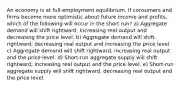 An economy is at full-employment equilibrium. If consumers and firms become more optimistic about future income and profits, which of the following will occur in the short run? a) Aggregate demand will shift rightward, increasing real output and decreasing the price level. b) Aggregate demand will shift rightward, decreasing real output and increasing the price level. c) Aggregate demand will shift rightward, increasing real output and the price level. d) Short-run aggregate supply will shift rightward, increasing real output and the price level. e) Short-run aggregate supply will shift rightward, decreasing real output and the price level.