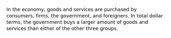 In the economy, goods and services are purchased by consumers, firms, the government, and foreigners. In total dollar terms, the government buys a larger amount of goods and services than either of the other three groups.