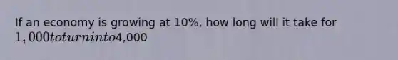 If an economy is growing at 10%, how long will it take for 1,000 to turn into4,000