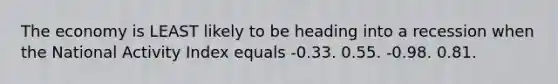 The economy is LEAST likely to be heading into a recession when the National Activity Index equals -0.33. 0.55. -0.98. 0.81.