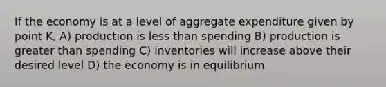 If the economy is at a level of aggregate expenditure given by point K, A) production is less than spending B) production is greater than spending C) inventories will increase above their desired level D) the economy is in equilibrium