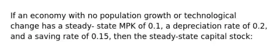 If an economy with no population growth or technological change has a steady- state MPK of 0.1, a depreciation rate of 0.2, and a saving rate of 0.15, then the steady-state capital stock: