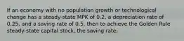 If an economy with no population growth or technological change has a steady-state MPK of 0.2, a depreciation rate of 0.25, and a saving rate of 0.5, then to achieve the Golden Rule steady-state capital stock, the saving rate: