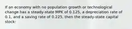 If an economy with no population growth or technological change has a steady-state MPK of 0.125, a depreciation rate of 0.1, and a saving rate of 0.225, then the steady-state capital stock: