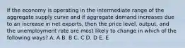 If the economy is operating in the intermediate range of the aggregate supply curve and if aggregate demand increases due to an increase in net exports, then the price level, output, and the unemployment rate are most likely to change in which of the following ways? A. A B. B C. C D. D E. E