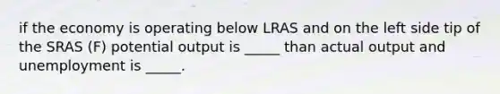 if the economy is operating below LRAS and on the left side tip of the SRAS (F) potential output is _____ than actual output and unemployment is _____.