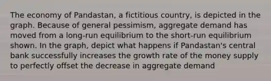 The economy of Pandastan, a fictitious country, is depicted in the graph. Because of general pessimism, aggregate demand has moved from a long-run equilibrium to the short-run equilibrium shown. In the graph, depict what happens if Pandastan's central bank successfully increases the growth rate of the money supply to perfectly offset the decrease in aggregate demand