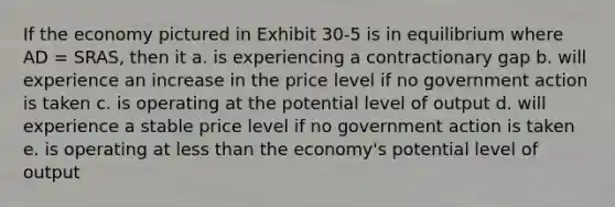 If the economy pictured in Exhibit 30-5 is in equilibrium where AD = SRAS, then it a. is experiencing a contractionary gap b. will experience an increase in the price level if no government action is taken c. is operating at the potential level of output d. will experience a stable price level if no government action is taken e. is operating at less than the economy's potential level of output