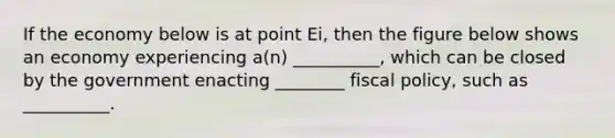 If the economy below is at point Ei, then the figure below shows an economy experiencing a(n) __________, which can be closed by the government enacting ________ fiscal policy, such as __________.