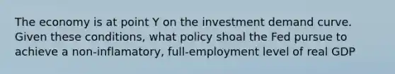 The economy is at point Y on the investment demand curve. Given these conditions, what policy shoal the Fed pursue to achieve a non-inflamatory, full-employment level of real GDP