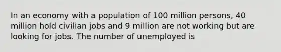 In an economy with a population of 100 million persons, 40 million hold civilian jobs and 9 million are not working but are looking for jobs. The number of unemployed is