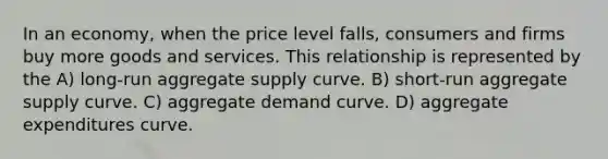 In an economy, when the price level falls, consumers and firms buy more goods and services. This relationship is represented by the A) long-run aggregate supply curve. B) short-run aggregate supply curve. C) aggregate demand curve. D) aggregate expenditures curve.