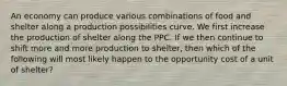 An economy can produce various combinations of food and shelter along a production possibilities curve. We first increase the production of shelter along the PPC. If we then continue to shift more and more production to shelter, then which of the following will most likely happen to the opportunity cost of a unit of shelter?