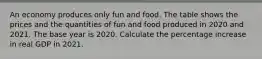 An economy produces only fun and food. The table shows the prices and the quantities of fun and food produced in 2020 and 2021. The base year is 2020. Calculate the percentage increase in real GDP in 2021.