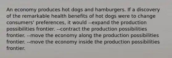 An economy produces hot dogs and hamburgers. If a discovery of the remarkable health benefits of hot dogs were to change consumers' preferences, it would --expand the production possibilities frontier. --contract the production possibilities frontier. --move the economy along the production possibilities frontier. --move the economy inside the production possibilities frontier.