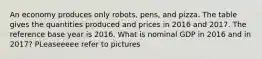 An economy produces only​ robots, pens, and pizza. The table gives the quantities produced and prices in 2016 and 2017. The reference base year is 2016. What is nominal GDP in 2016 and in​ 2017? PLeaseeeee refer to pictures