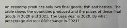 An economy produces only two final​ goods: fish and berries. The table shows the quantities produced and the prices of these final goods in 2020 and 2021. The base year is 2020. By what percentage did real GDP change in​ 2021?